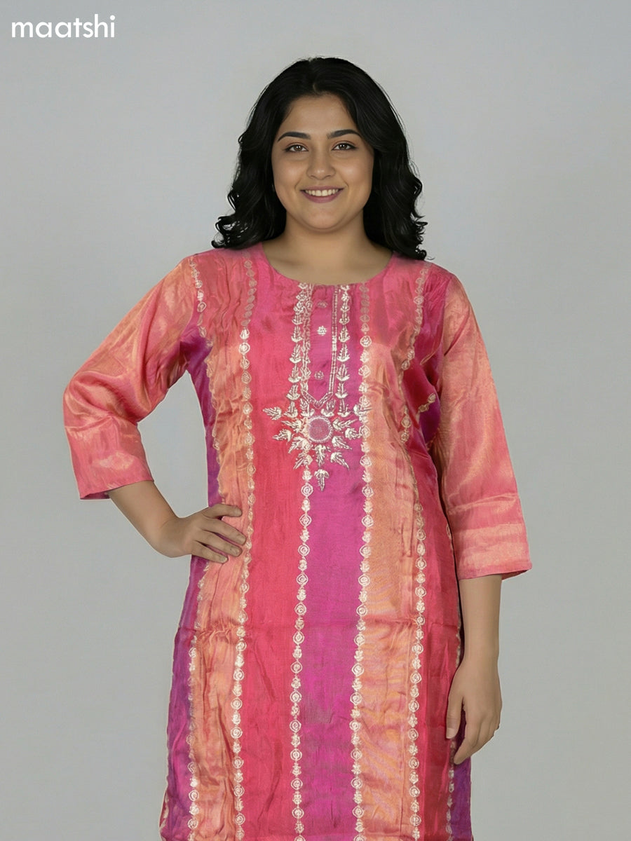 Peach Pink Tissue Embroidery Work Straight Suit