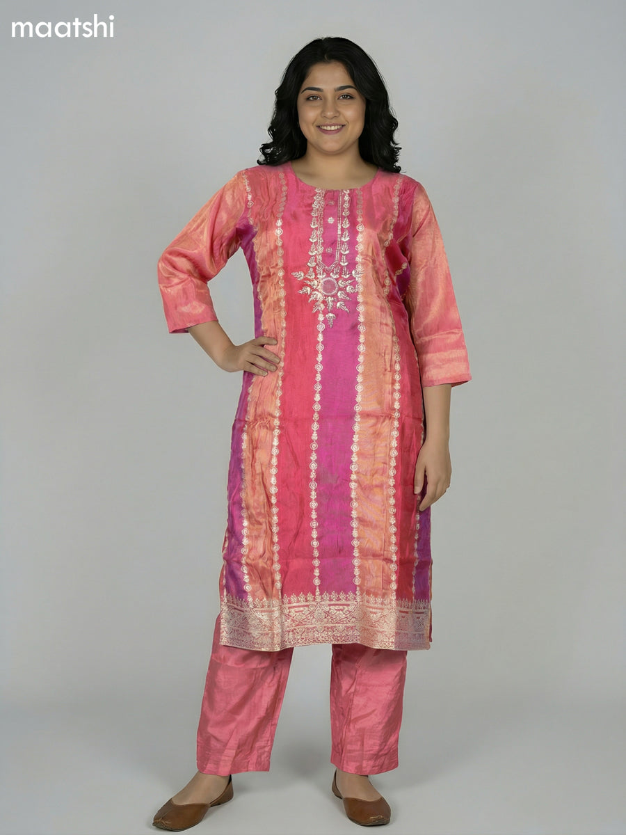 Peach Pink Tissue Embroidery Work Straight Suit