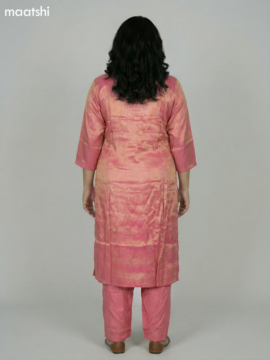 Peach Pink Tissue Embroidery Work Straight Suit