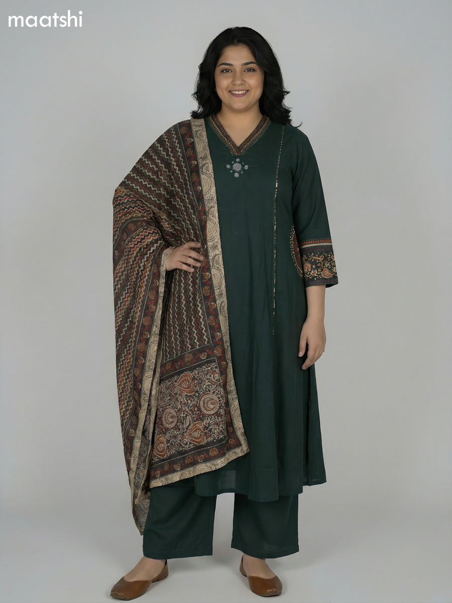 Dark Green Cotton Embroidery Work Anarkali Suit Semi Palazzo Pant