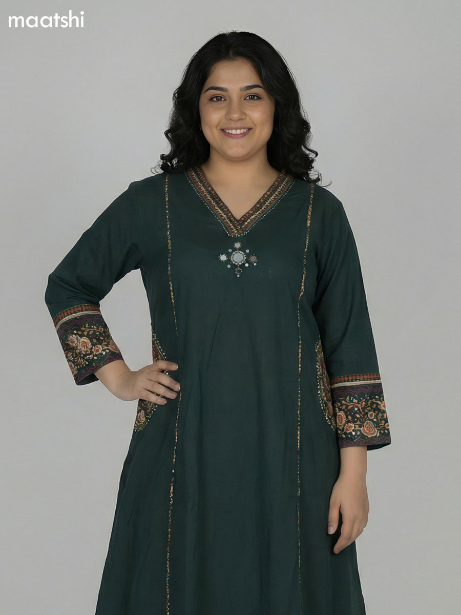 Dark Green Cotton Embroidery Work Anarkali Suit Semi Palazzo Pant