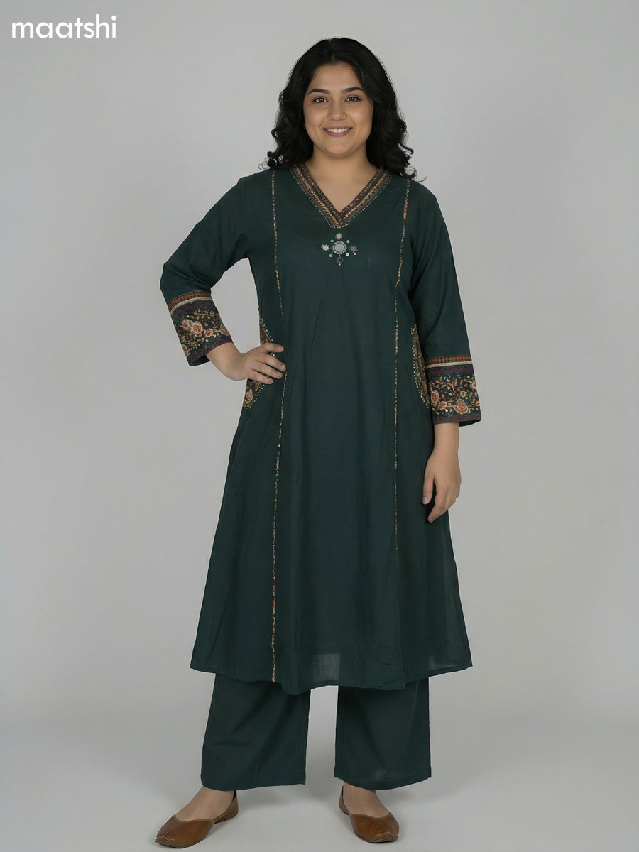 Dark Green Cotton Embroidery Work Anarkali Suit Semi Palazzo Pant