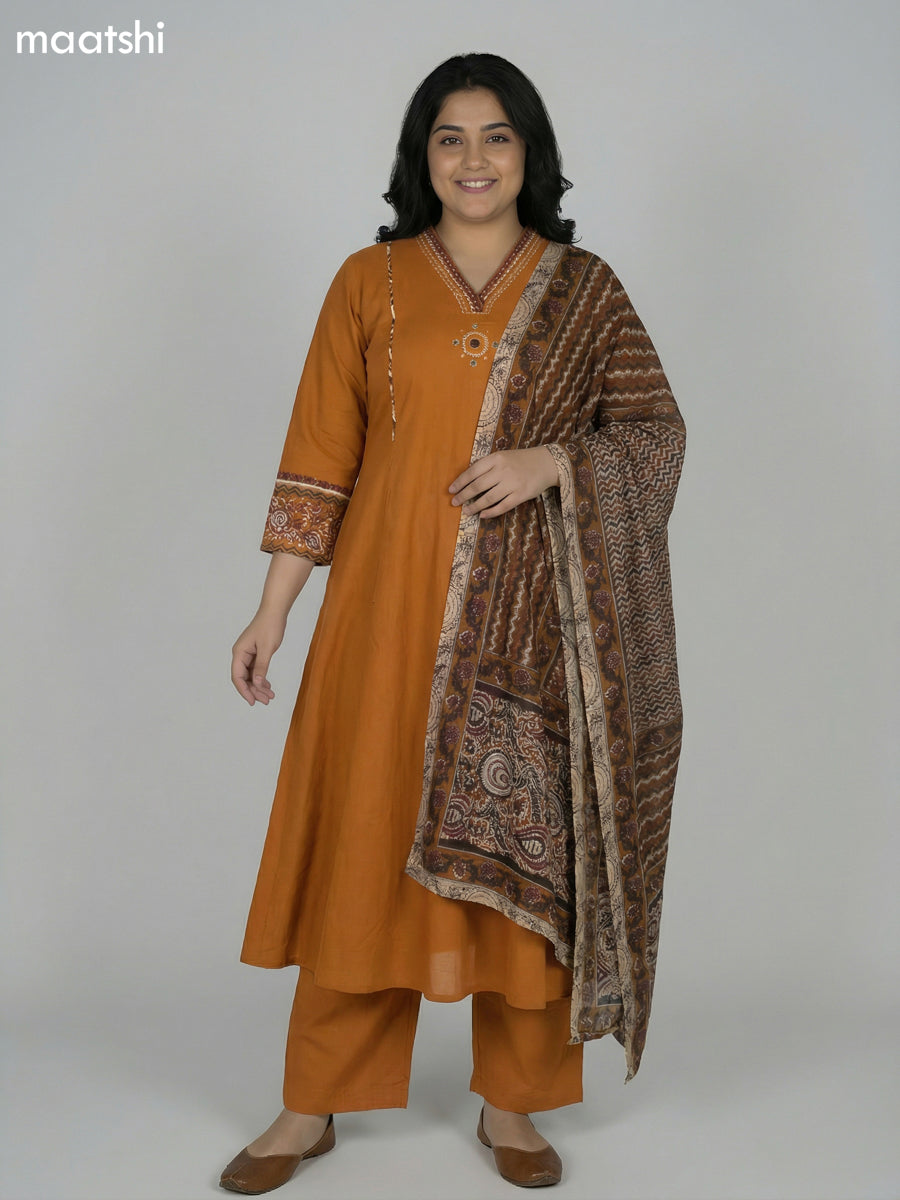 Mustard Yellow Cotton Embroidery Work Anarkali Suit Semi Palazzo Pant