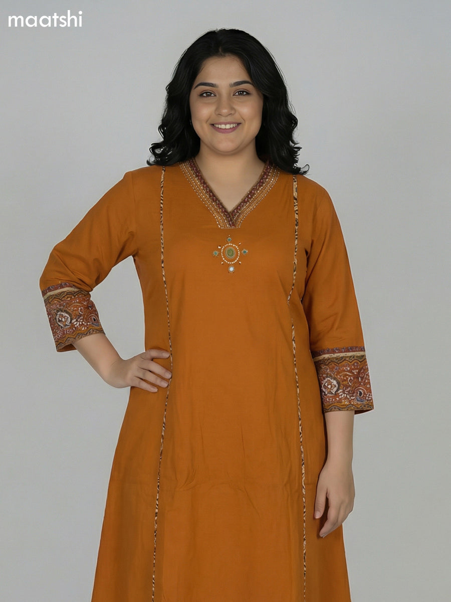 Mustard Yellow Cotton Embroidery Work Anarkali Suit Semi Palazzo Pant