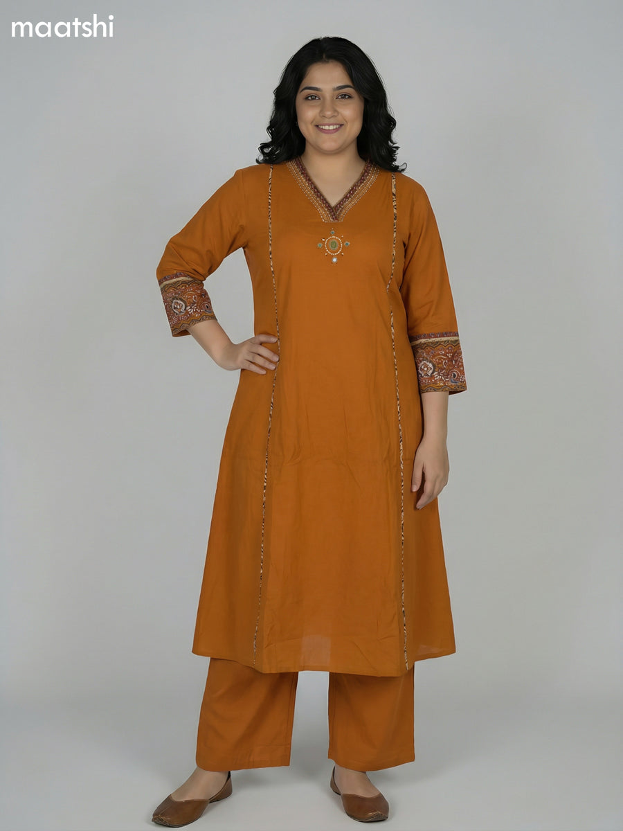 Mustard Yellow Cotton Embroidery Work Anarkali Suit Semi Palazzo Pant