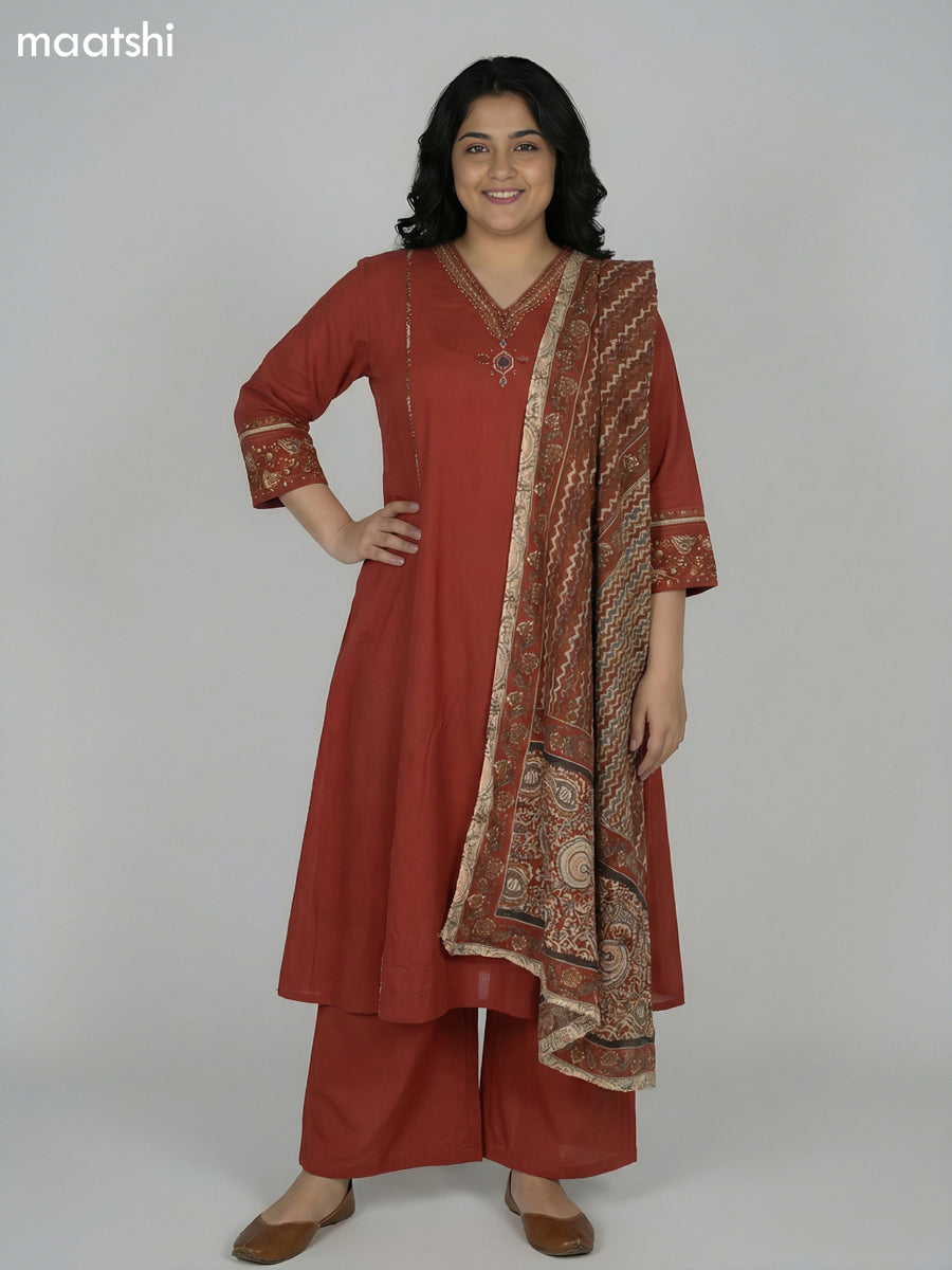 Rust Shade Cotton Embroidery Work Anarkali Suit Semi Palazzo Pant