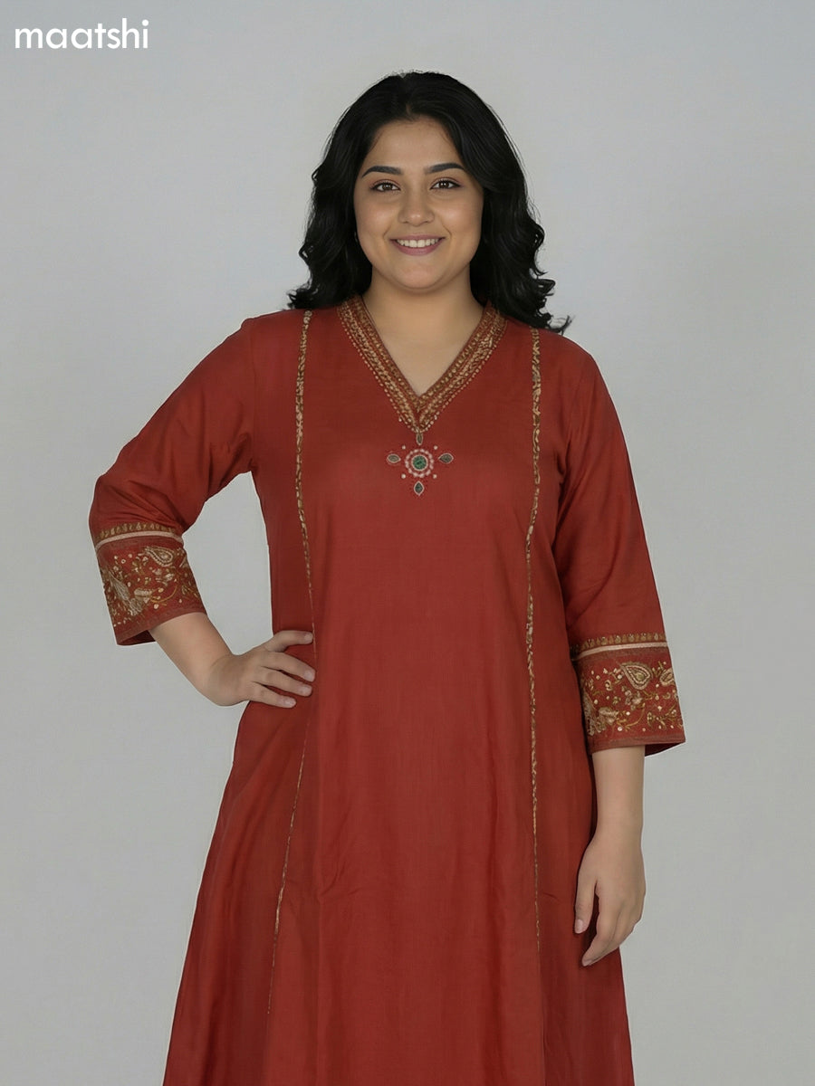 Rust Shade Cotton Embroidery Work Anarkali Suit Semi Palazzo Pant
