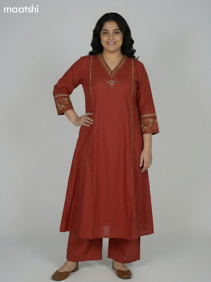 Rust Shade Cotton Embroidery Work Anarkali Suit Semi Palazzo Pant