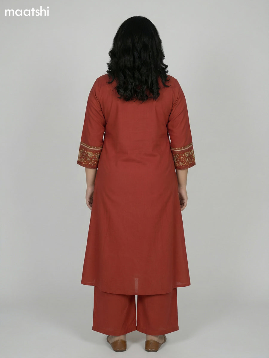 Rust Shade Cotton Embroidery Work Anarkali Suit Semi Palazzo Pant