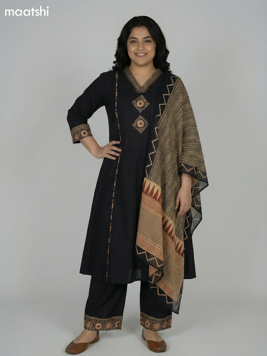 Black Cotton Patch Work A-Line Suit