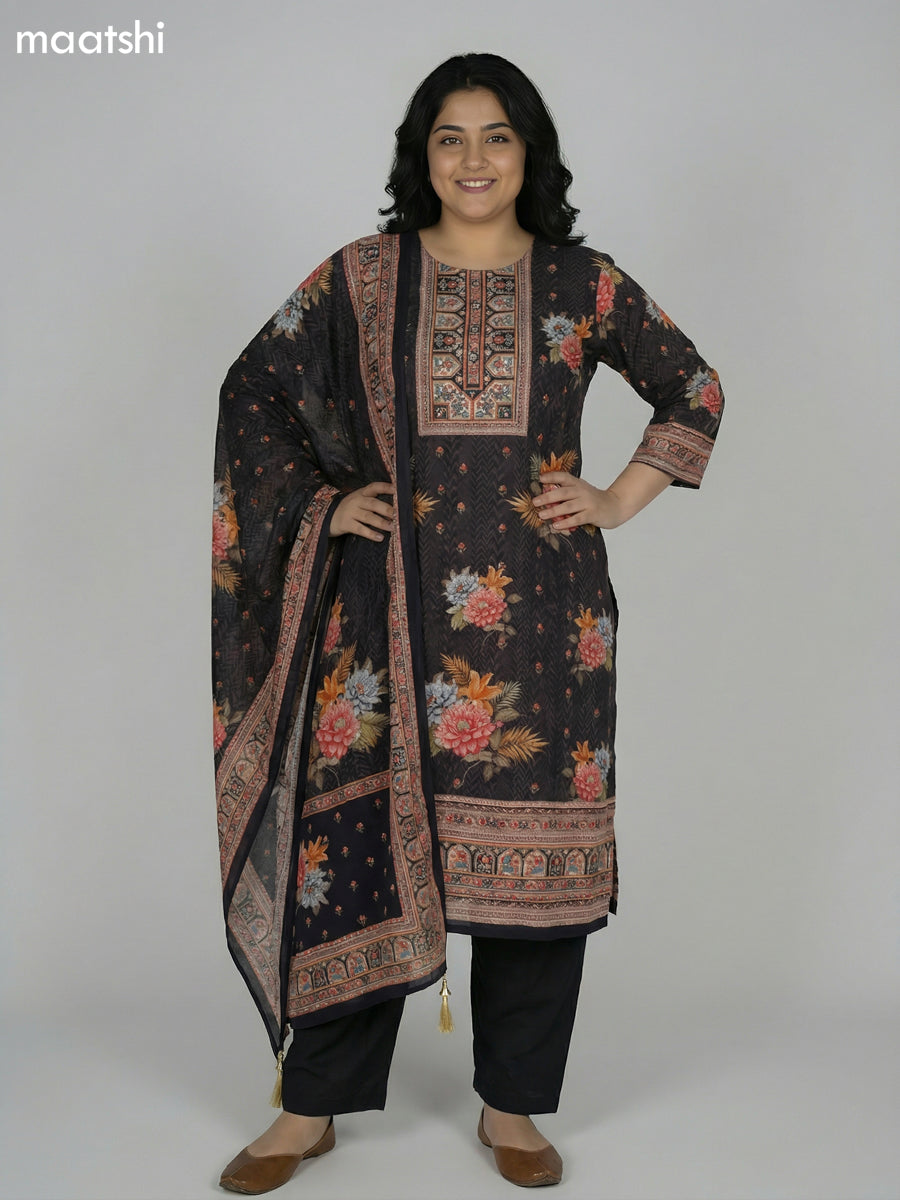 Black and Brown Crepe Silk Printed Straight Suit