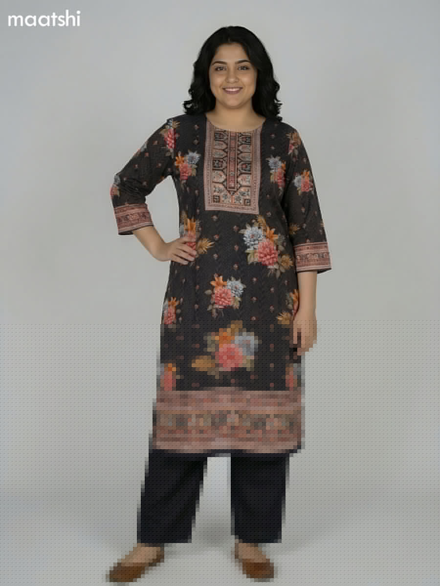 Black and Brown Crepe Silk Printed Straight Suit