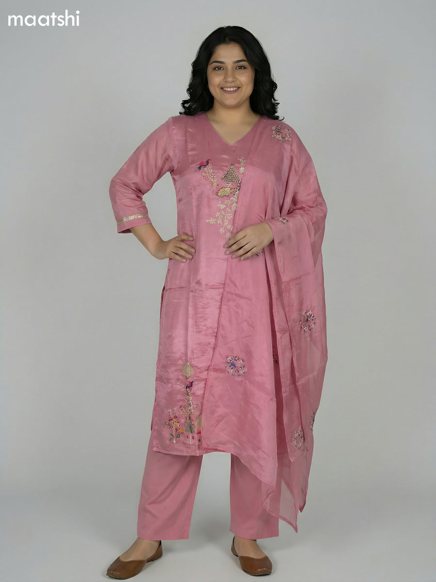 Peach Pink Crepe Silk Embroidery Work Straight Suit