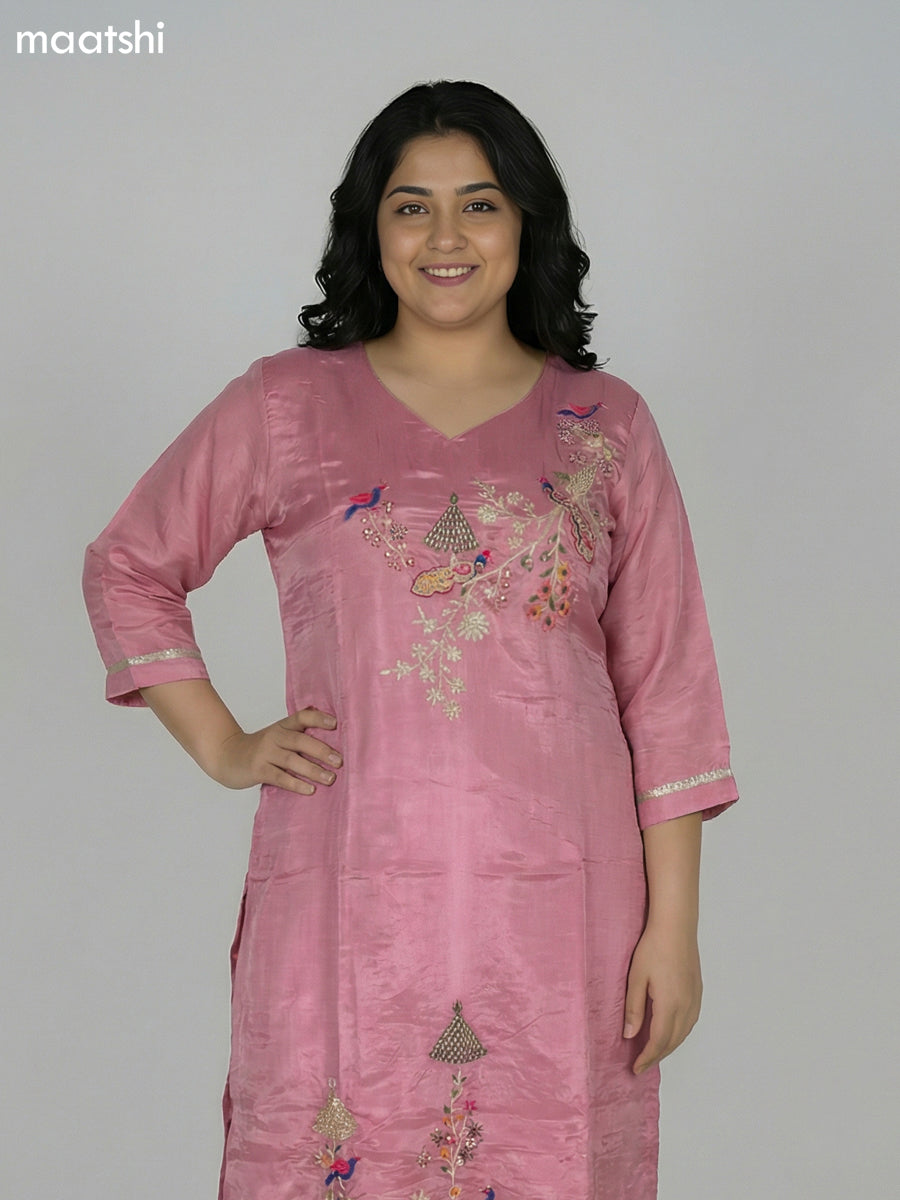 Peach Pink Crepe Silk Embroidery Work Straight Suit