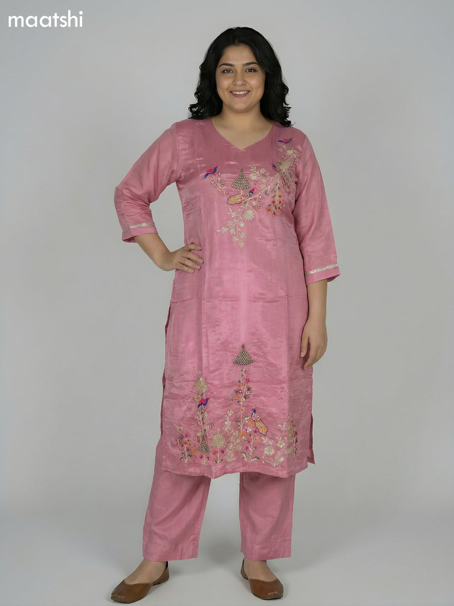Peach Pink Crepe Silk Embroidery Work Straight Suit