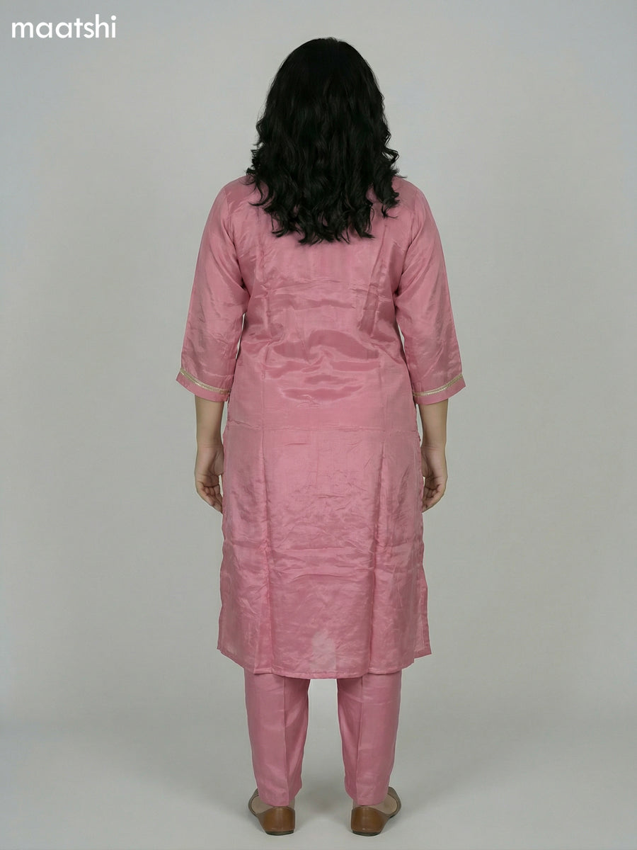 Peach Pink Crepe Silk Embroidery Work Straight Suit