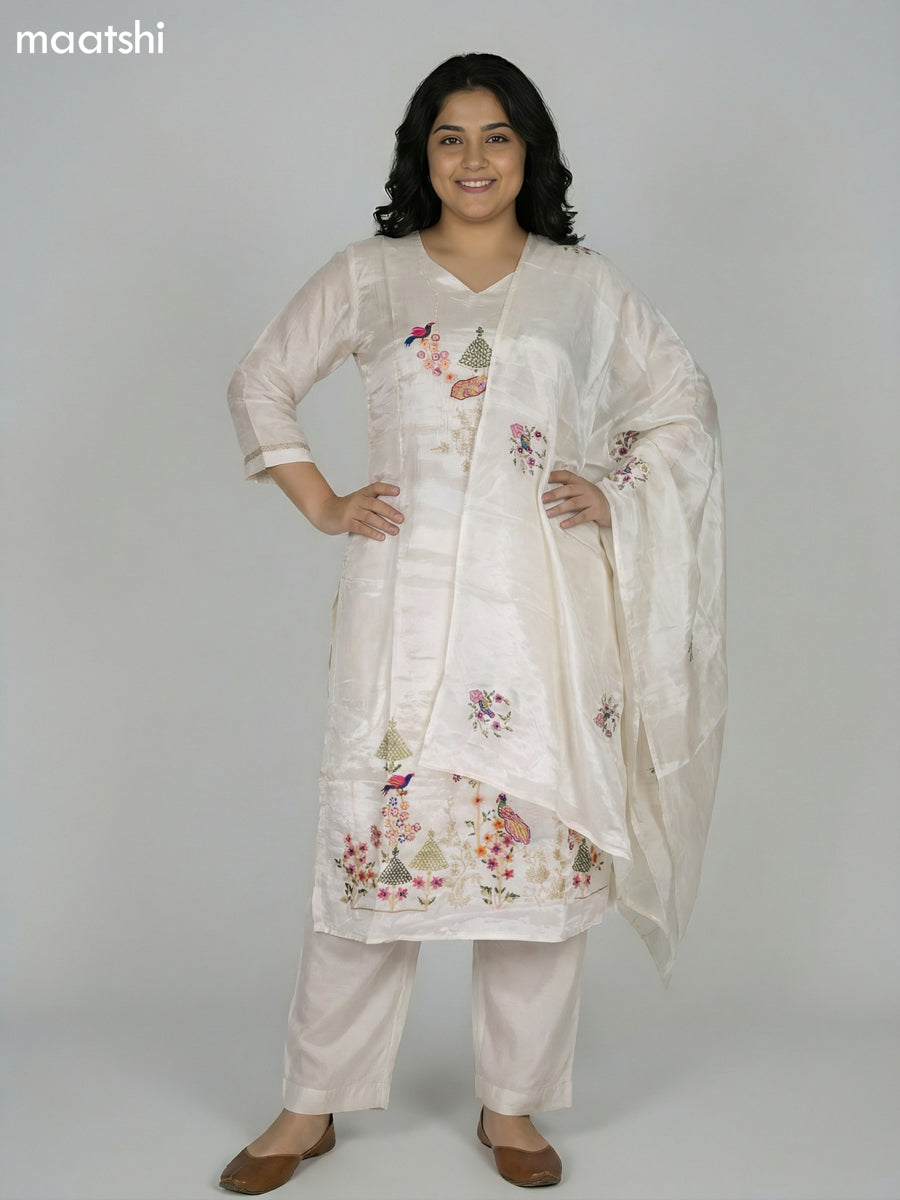 Cream Crepe Silk Embroidery Work Straight Suit