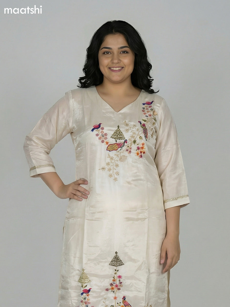 Cream Crepe Silk Embroidery Work Straight Suit