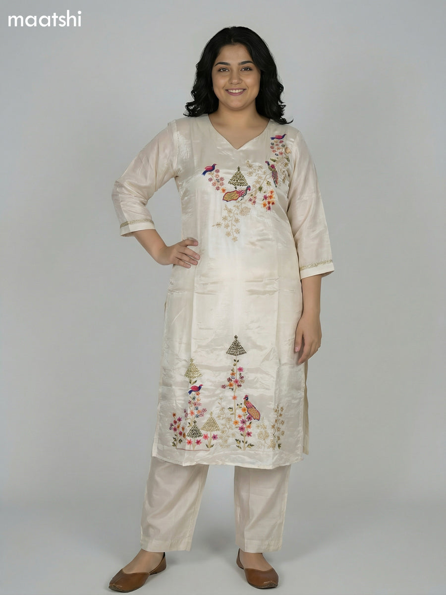 Cream Crepe Silk Embroidery Work Straight Suit