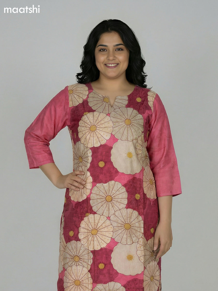 Reddish Pink Art Tussar Kantha Stitch Work Straight Suit