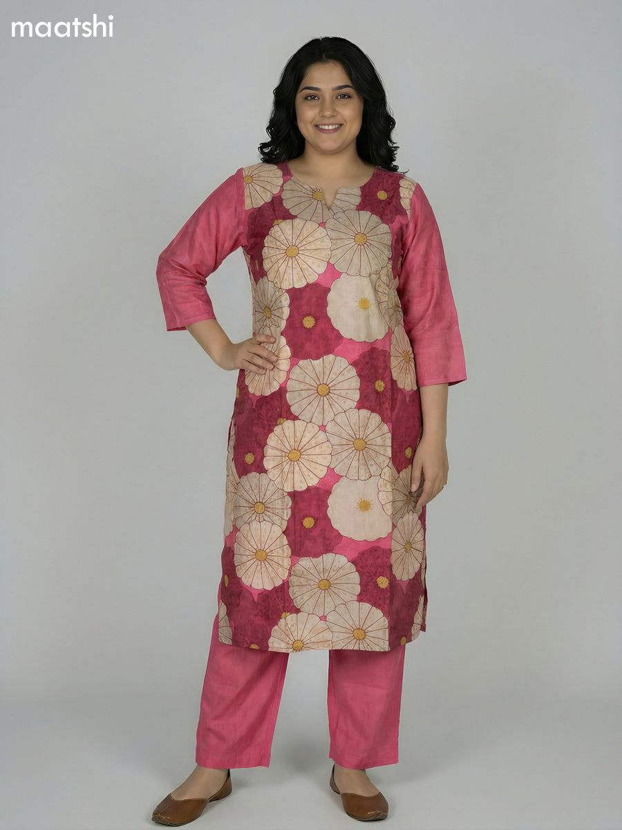 Reddish Pink Art Tussar Kantha Stitch Work Straight Suit