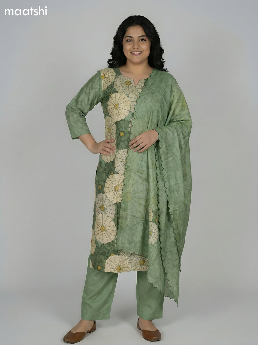 Pastel Green Art Tussar Floral Printed & Kantha Stitch Work Straight Suit