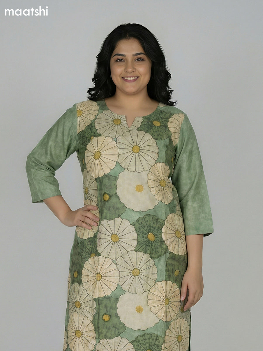 Pastel Green Art Tussar Floral Printed & Kantha Stitch Work Straight Suit