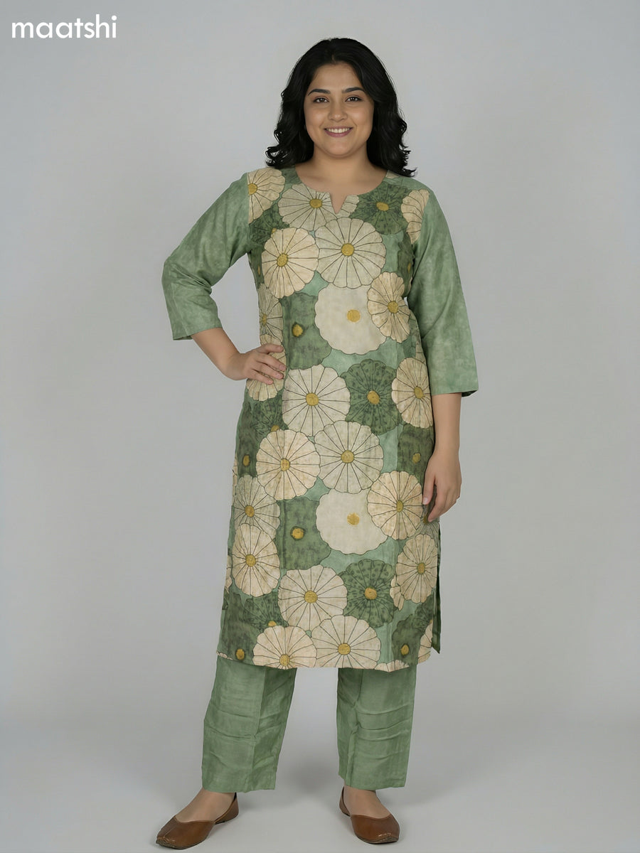Pastel Green Art Tussar Floral Printed & Kantha Stitch Work Straight Suit