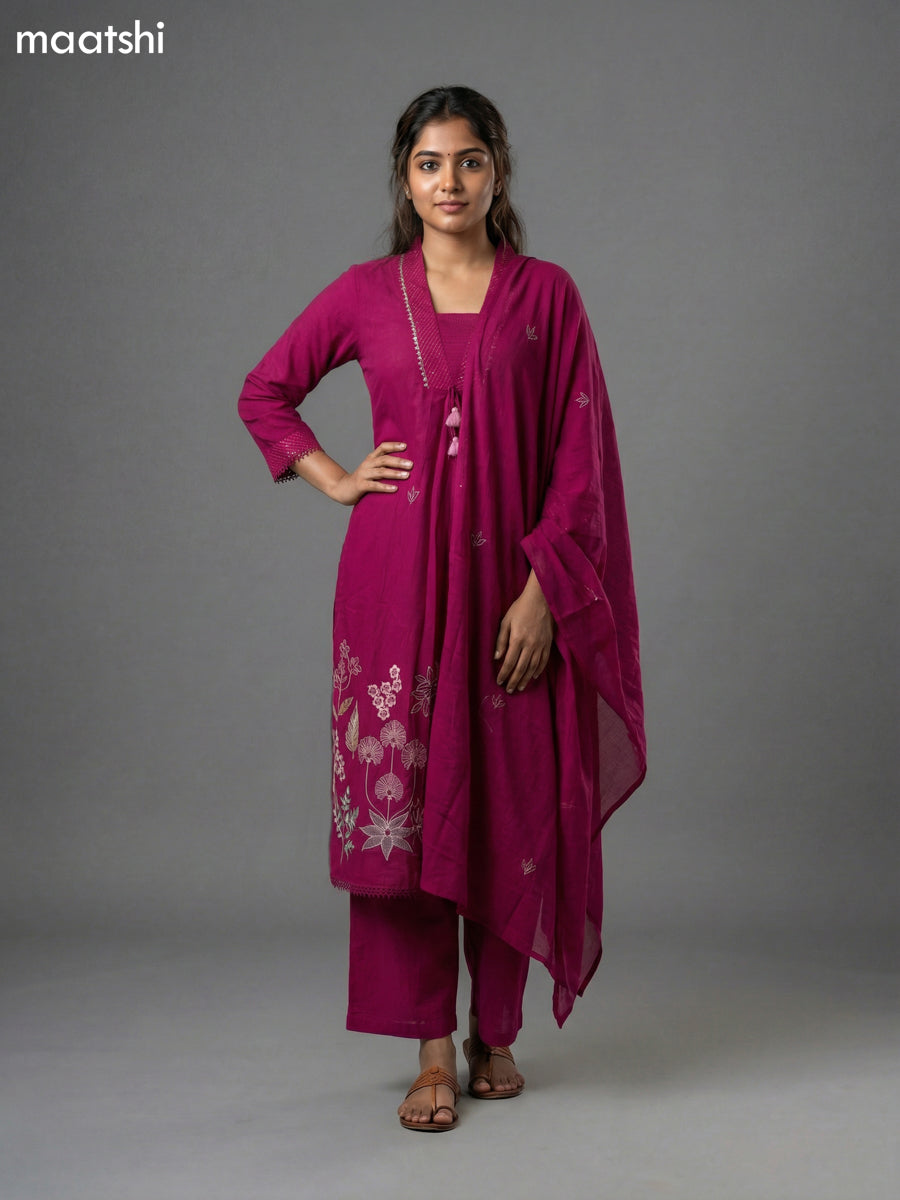 Magenta Pink Cotton Embroidery Work Anarkali Suit Semi Palazzo Pant