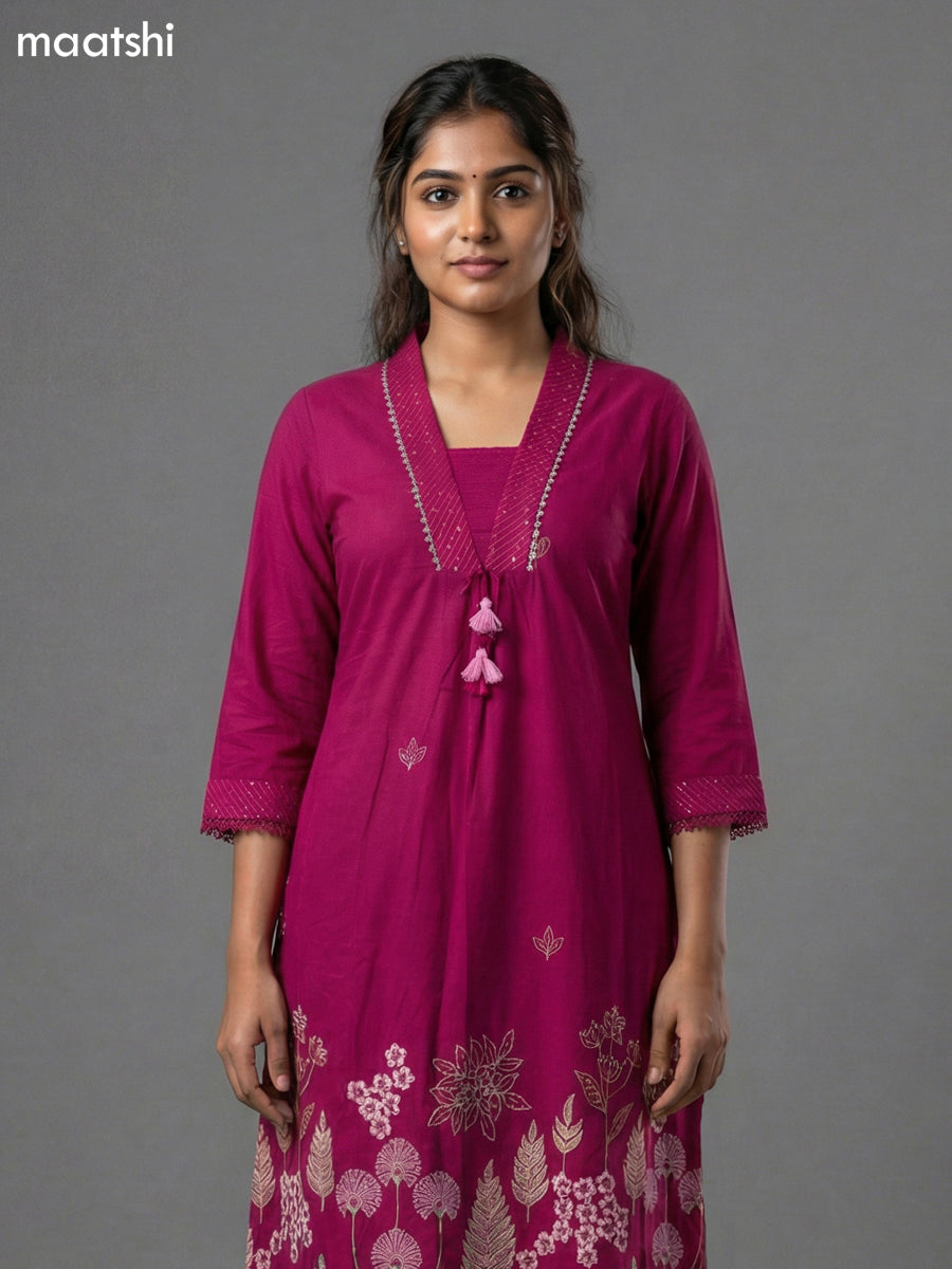 Magenta Pink Cotton Embroidery Work Anarkali Suit Semi Palazzo Pant