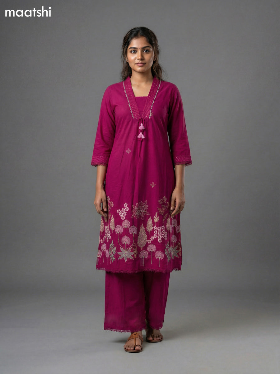 Magenta Pink Cotton Embroidery Work Anarkali Suit Semi Palazzo Pant