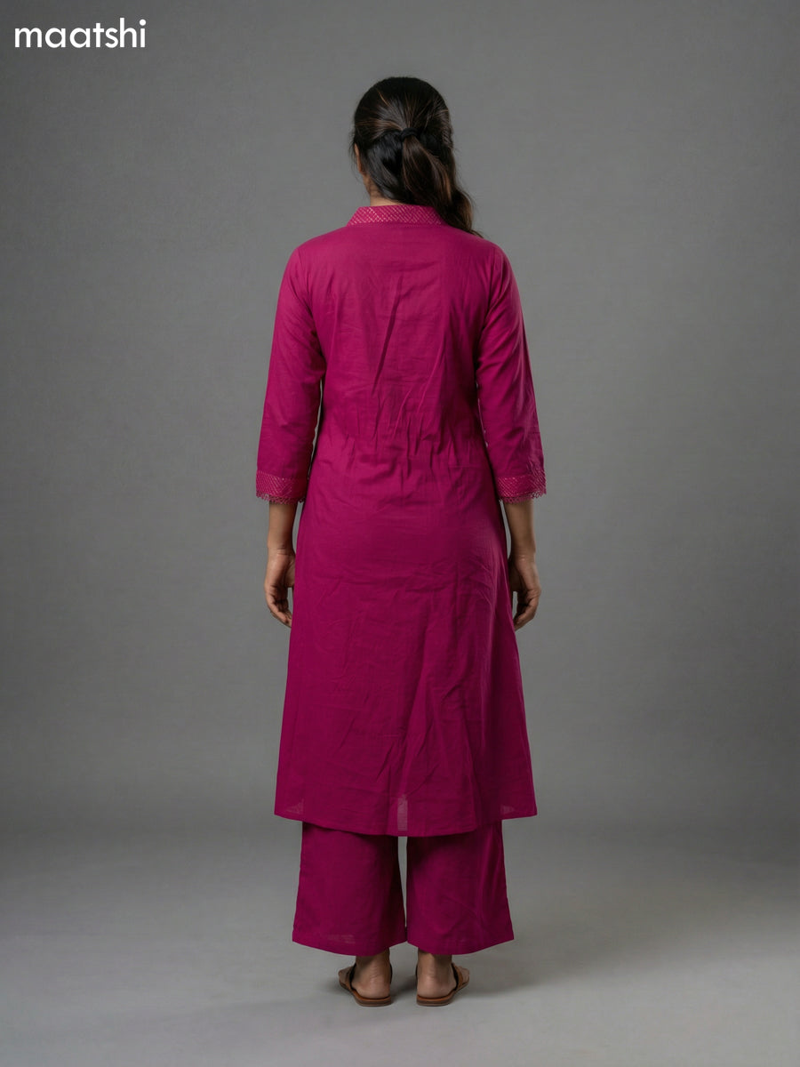 Magenta Pink Cotton Embroidery Work Anarkali Suit Semi Palazzo Pant