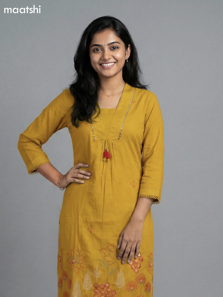 Mustard Yellow Cotton Embroidery Work Anarkali Suit Semi Palazzo Pant