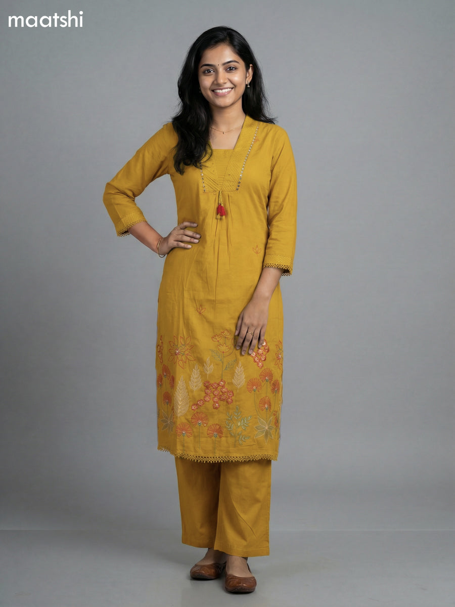 Mustard Yellow Cotton Embroidery Work Anarkali Suit Semi Palazzo Pant