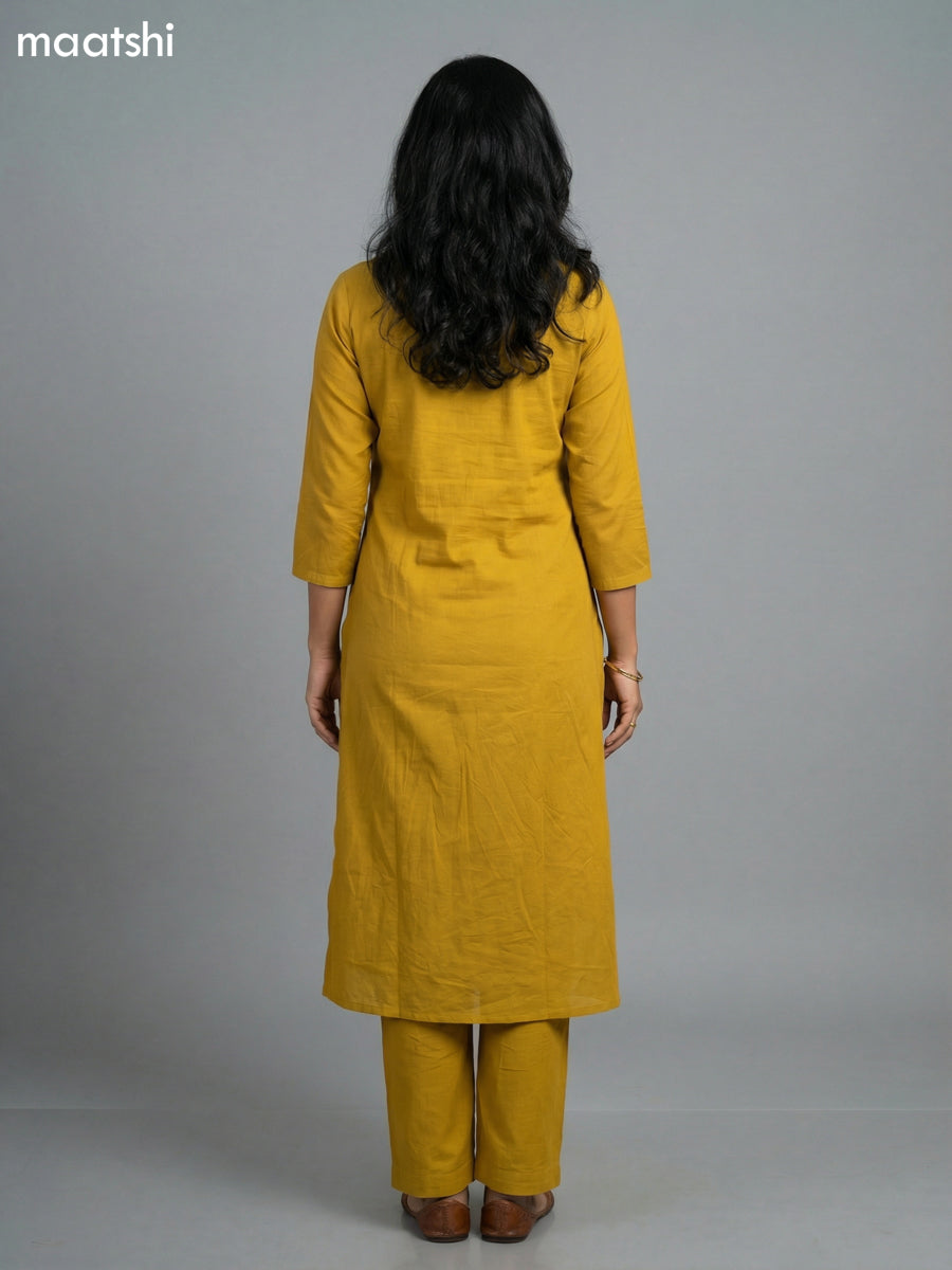 Mustard Yellow Cotton Embroidery Work Anarkali Suit Semi Palazzo Pant