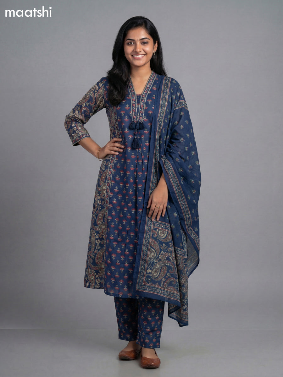 Dark Blue Cotton Printed A-Line Suit