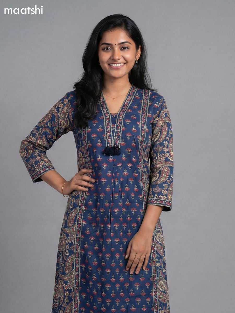 Dark Blue Cotton Printed A-Line Suit