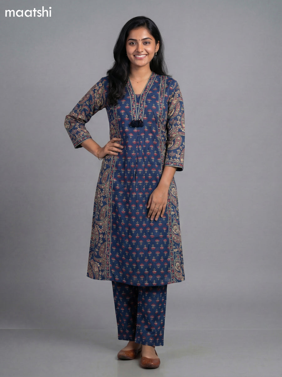 Dark Blue Cotton Printed A-Line Suit
