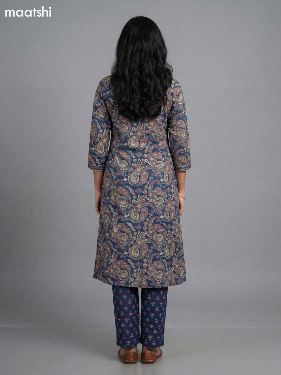 Dark Blue Cotton Printed A-Line Suit