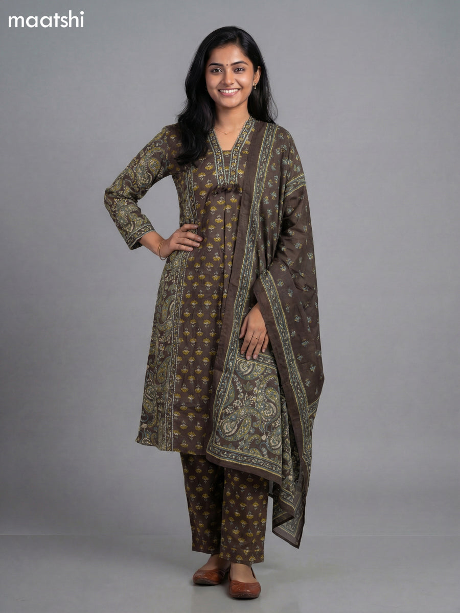 Brown Cotton Printed A-Line Suit