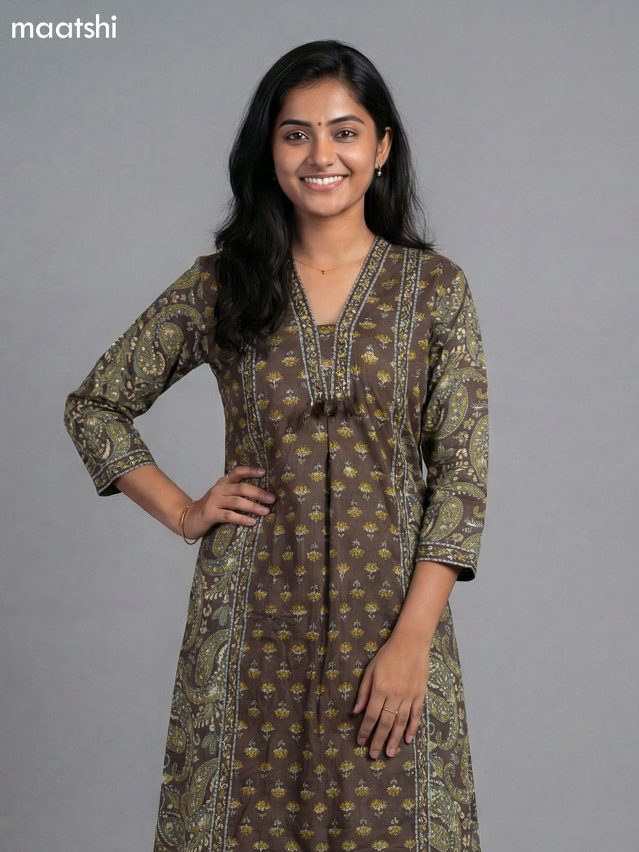 Brown Cotton Printed A-Line Suit