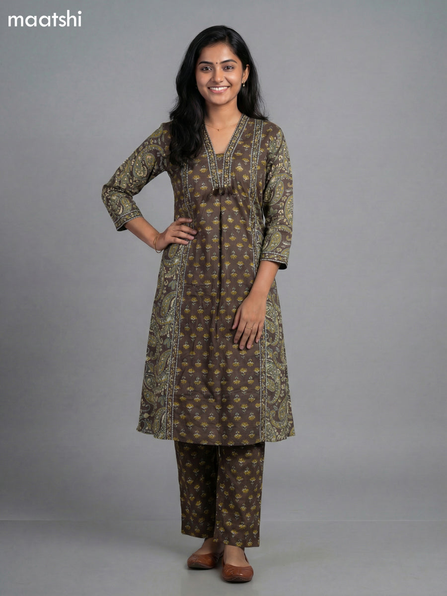 Brown Cotton Printed A-Line Suit