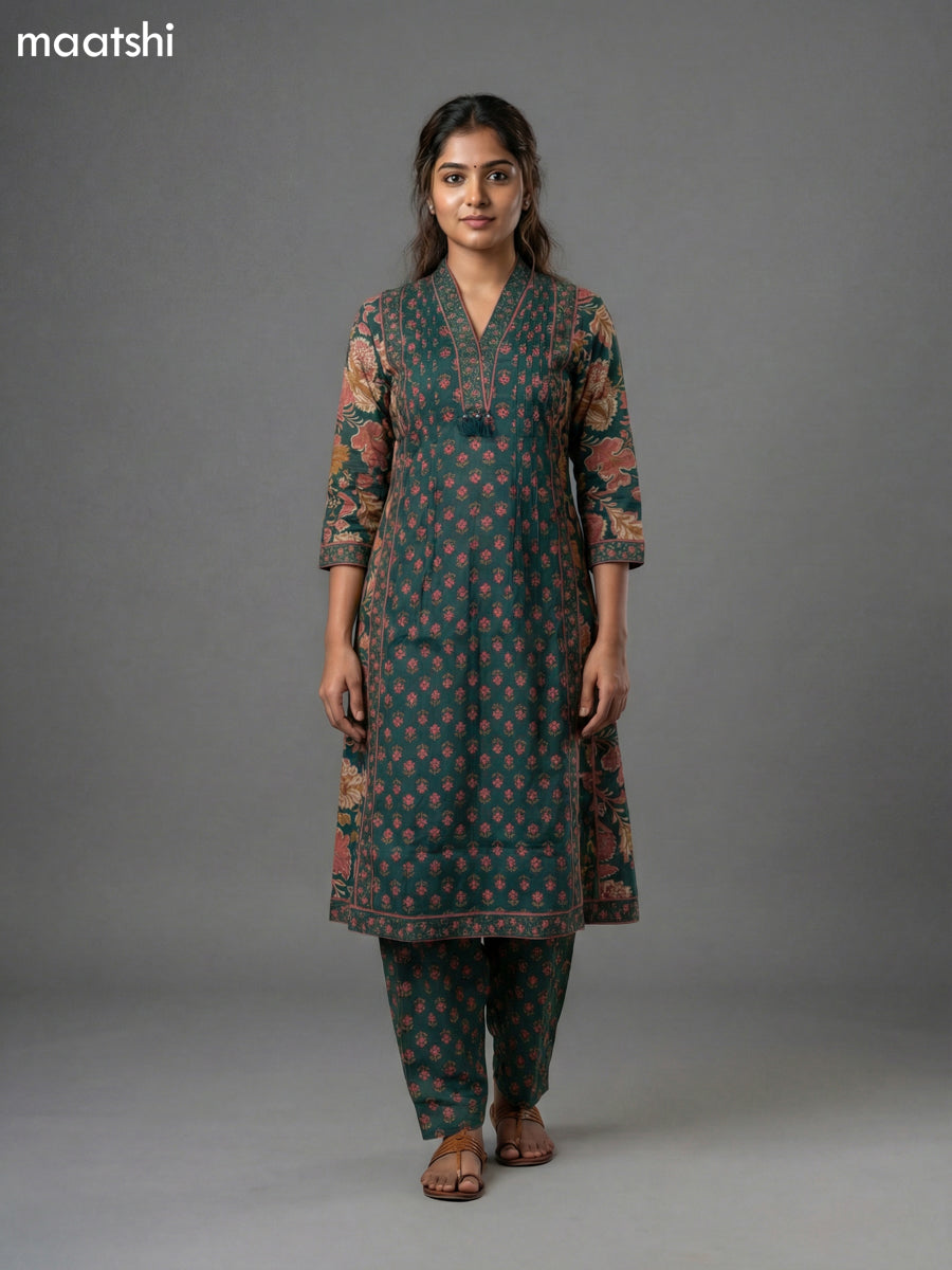 Dark Green Cotton Printed A-Line Suit