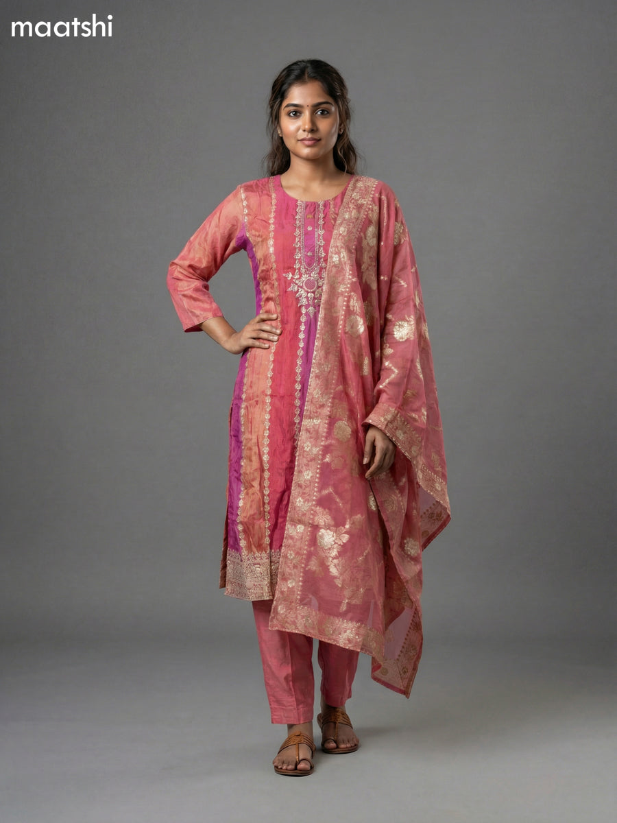Peach Pink Tissue Embroidery Work Straight Suit