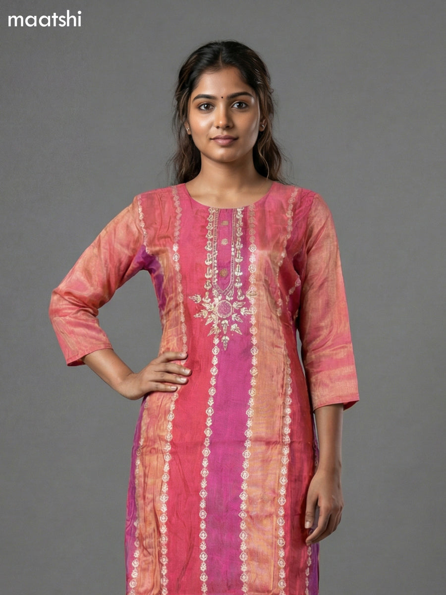 Peach Pink Tissue Embroidery Work Straight Suit