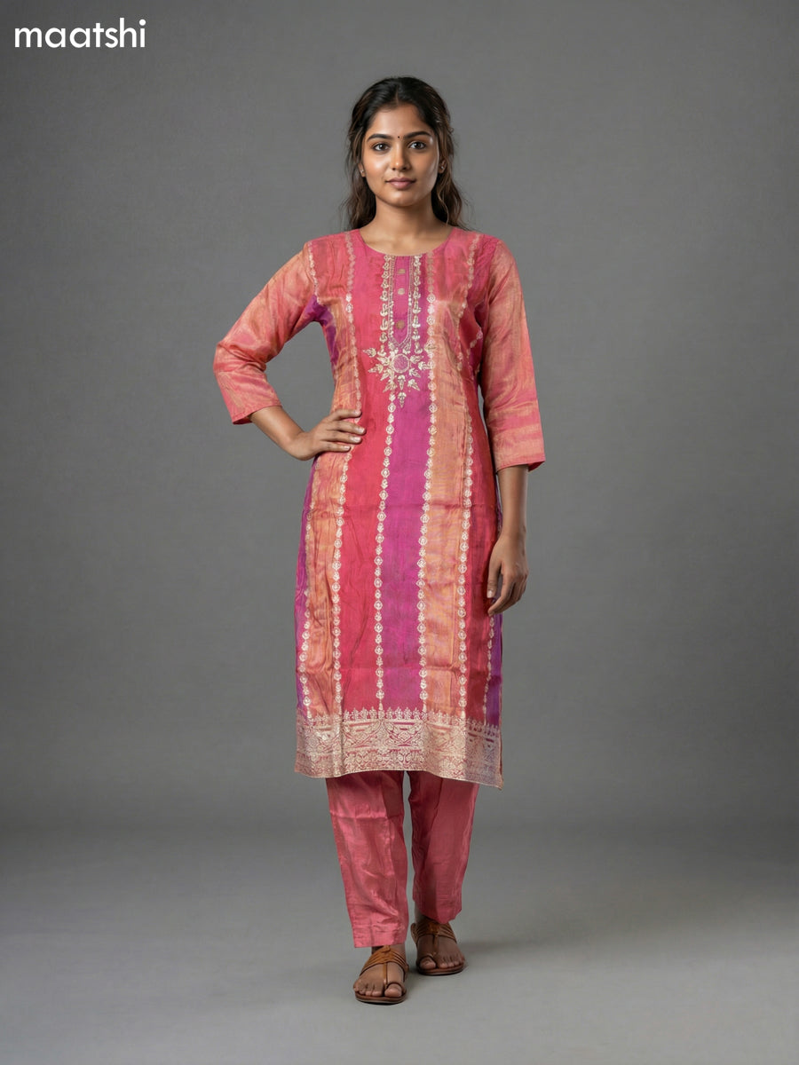 Peach Pink Tissue Embroidery Work Straight Suit