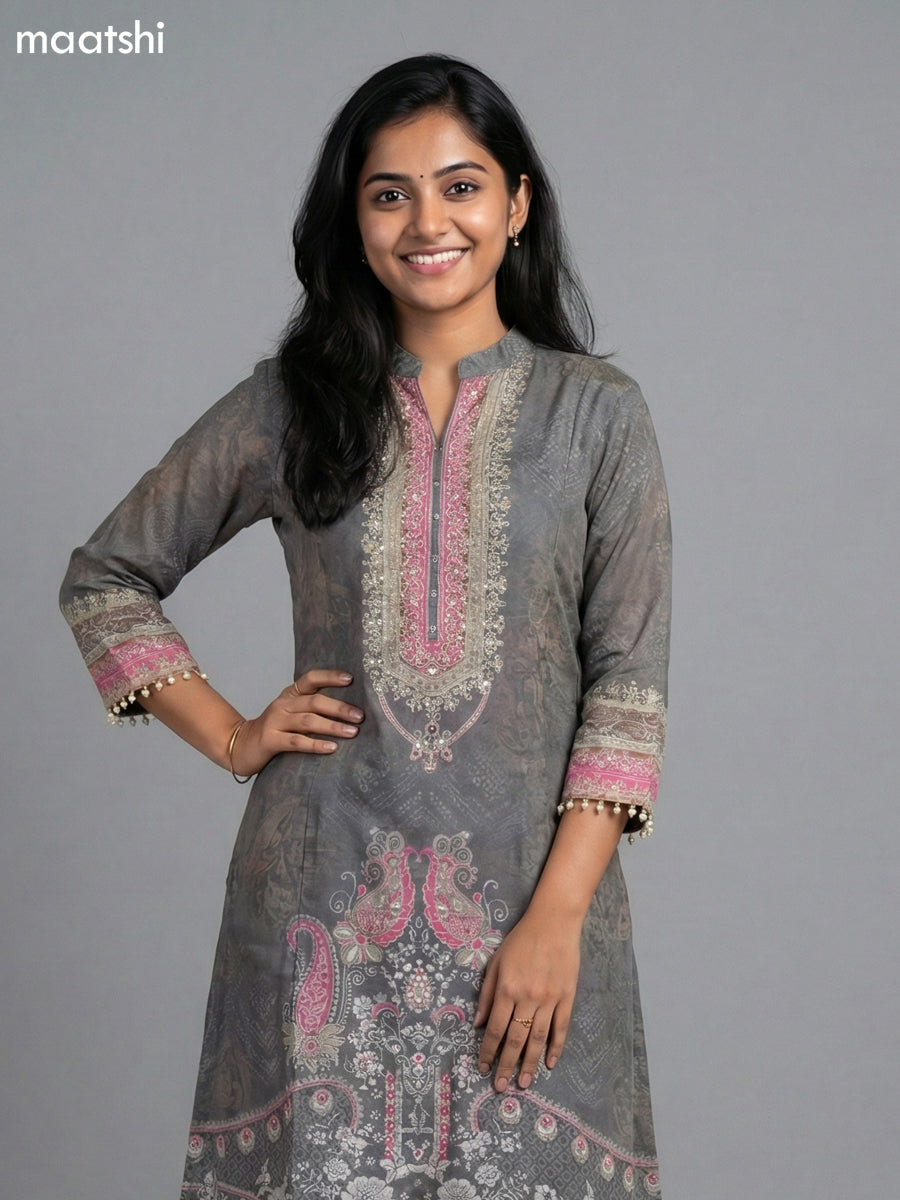 Grey and Pink Crepe Silk Printed Straight Suit