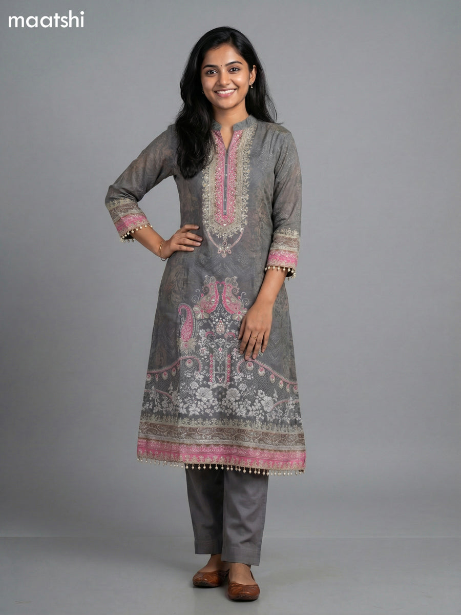 Grey and Pink Crepe Silk Printed Straight Suit