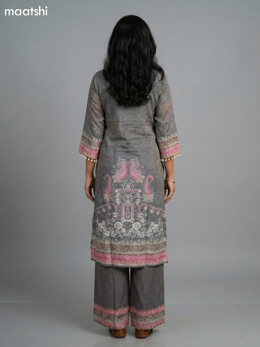 Grey and Pink Crepe Silk Printed Straight Suit