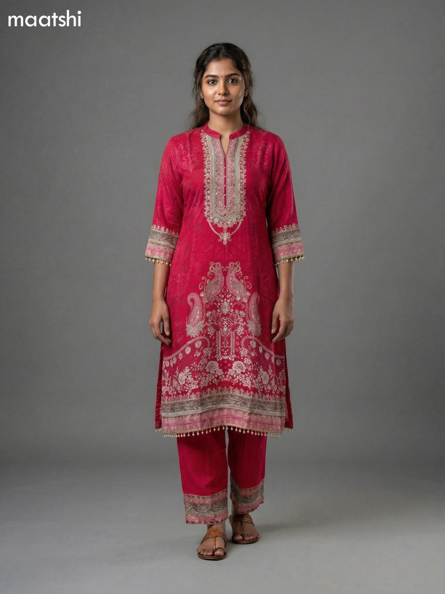 Pink Crepe Silk Printed Straight Suit